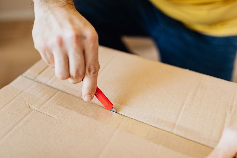 Hand cutting cardboard box with a blade, everyday utility task