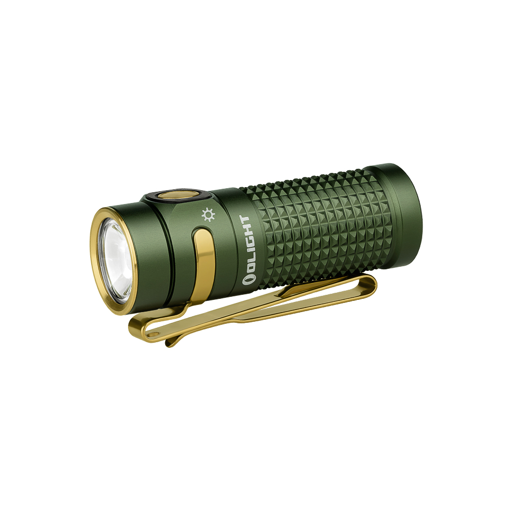 Olight Olive Green Baton 4 Premium Flashlight Side View with Gold Clip, Textured Body, for EDC and Utility