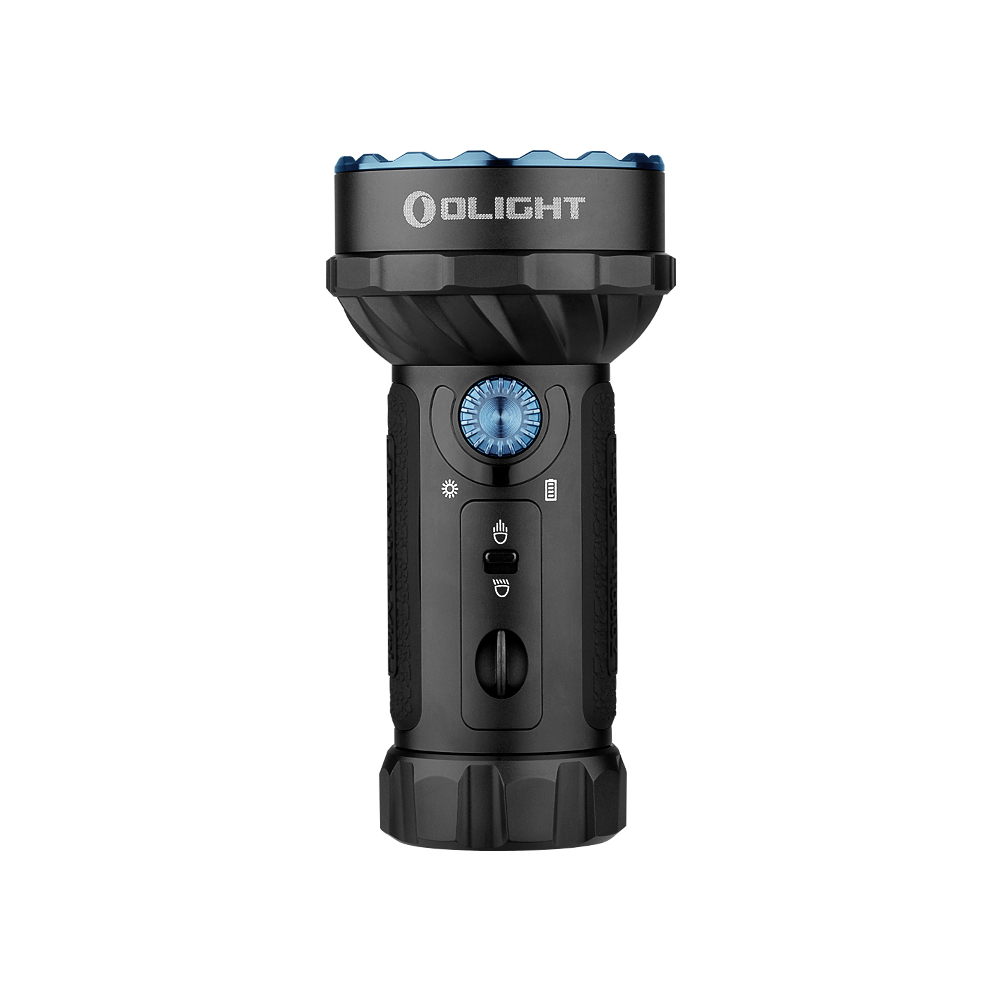 Olight Black Marauder Mini Flashlight Three-Quarter View with Blue Bezel and Rotary Knob for Search and Rescue