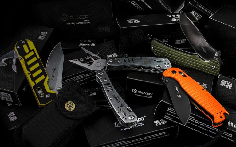A collection of diverse folding knives and multitools with vibrant handles on a black background.