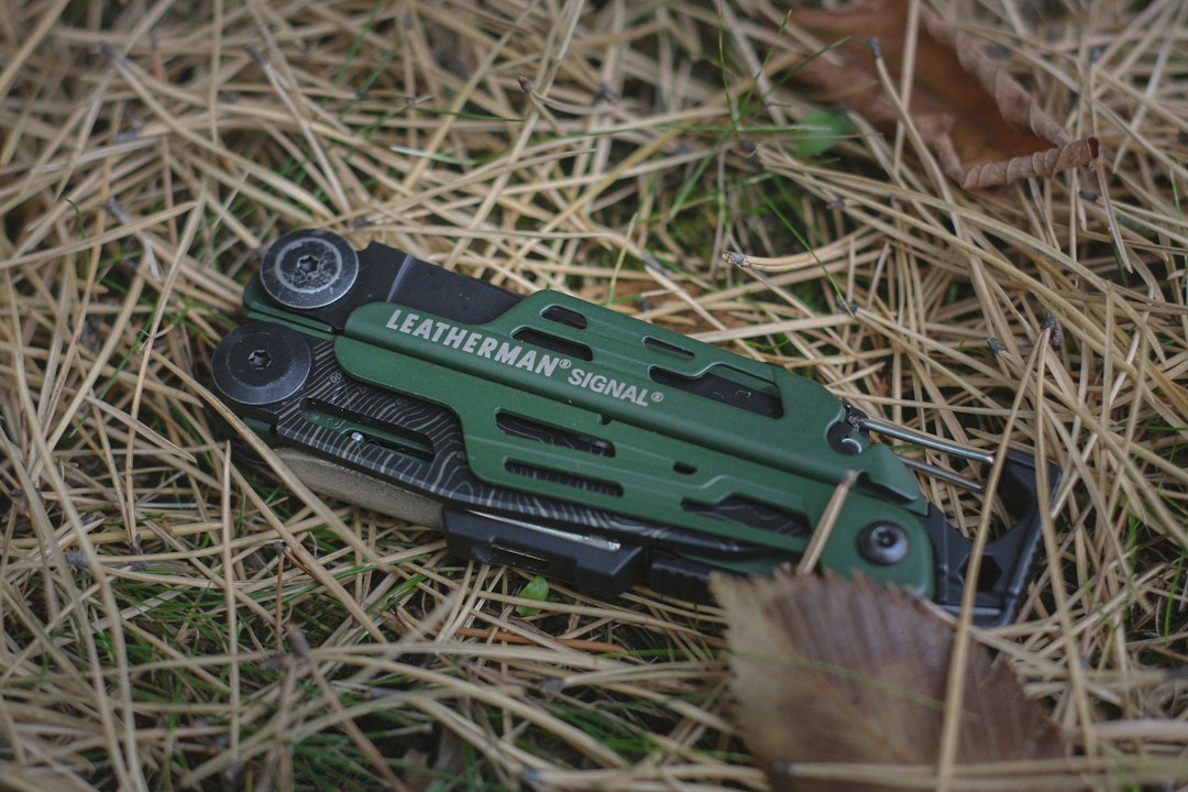 A close, textured study of a green Leatherman multitool tucked into a bed of dry grass and pine needles. The shallow depth of