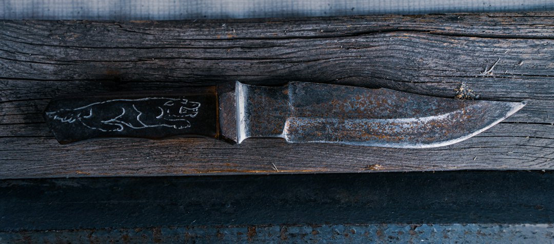 A rustic knife with a jaguar handle on wood