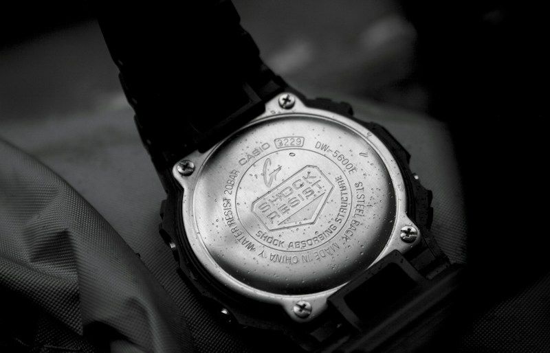 Close-up of G-Shock watch caseback showing shock-resistant screw construction