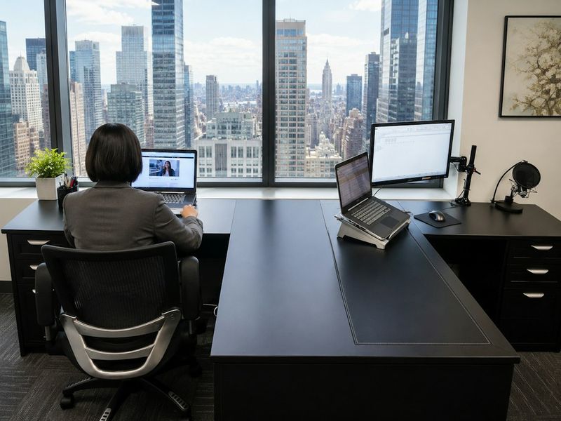 office worker desk setup with city view showing office edc in an urban job